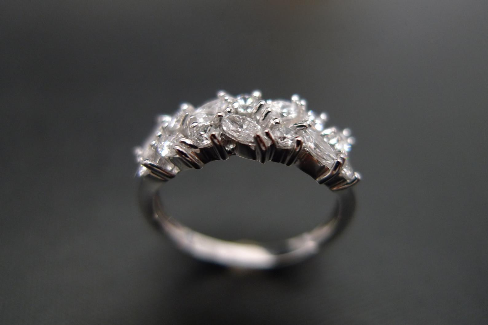 For Sale:  Marquise Cut and Round Brilliant Cut Diamond Unique Wedding Ring 18k White Gold 5