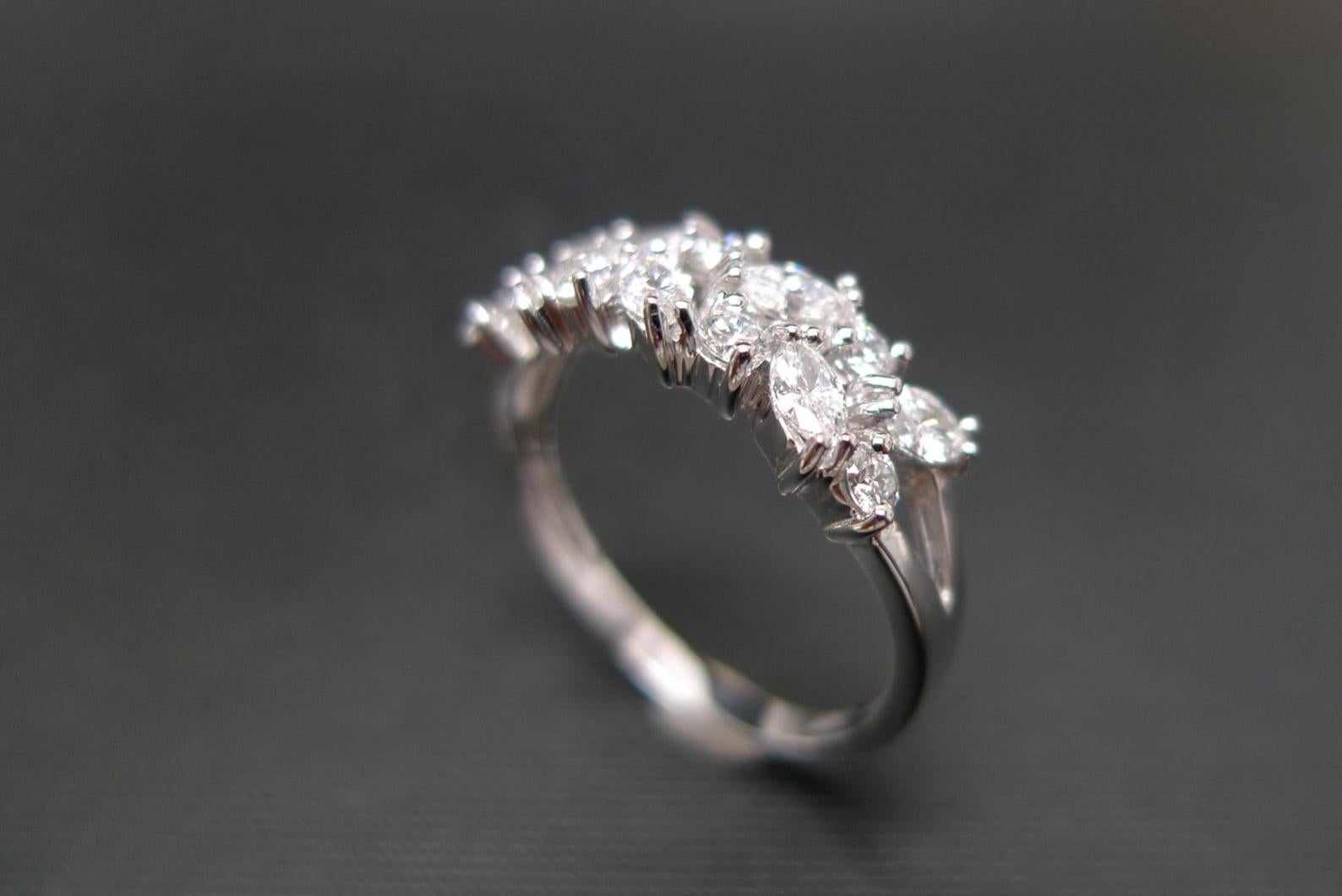 For Sale:  Marquise Cut and Round Brilliant Cut Diamond Unique Wedding Ring 18k White Gold 8