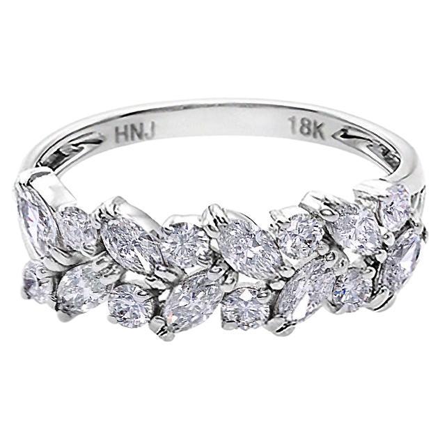 Marquise Cut and Round Brilliant Cut Diamond Unique Wedding Ring 18k White Gold