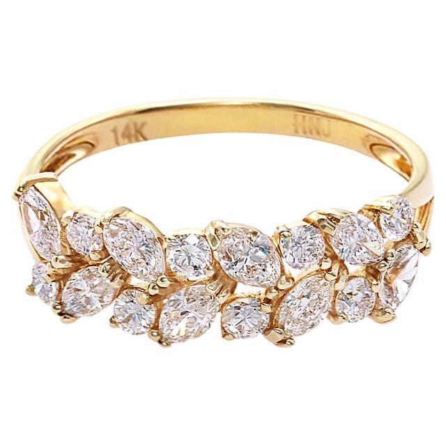Bague de mariage unique en or jaune 18 carats avec diamants taille marquise et diamants ronds taille brillant