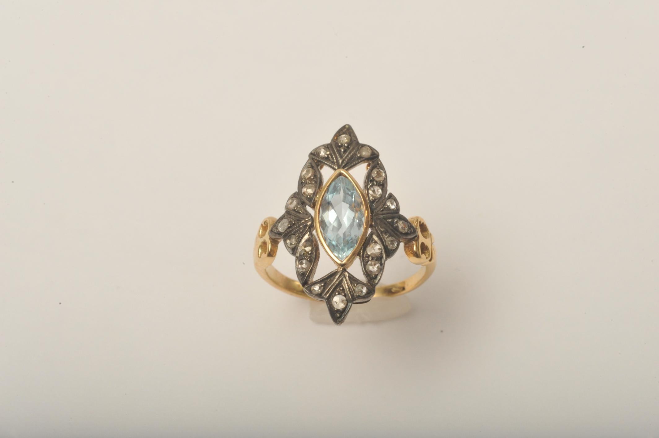 Marquise Cut Aquamarine with Pave` Set Diamonds In Excellent Condition In Nantucket, MA