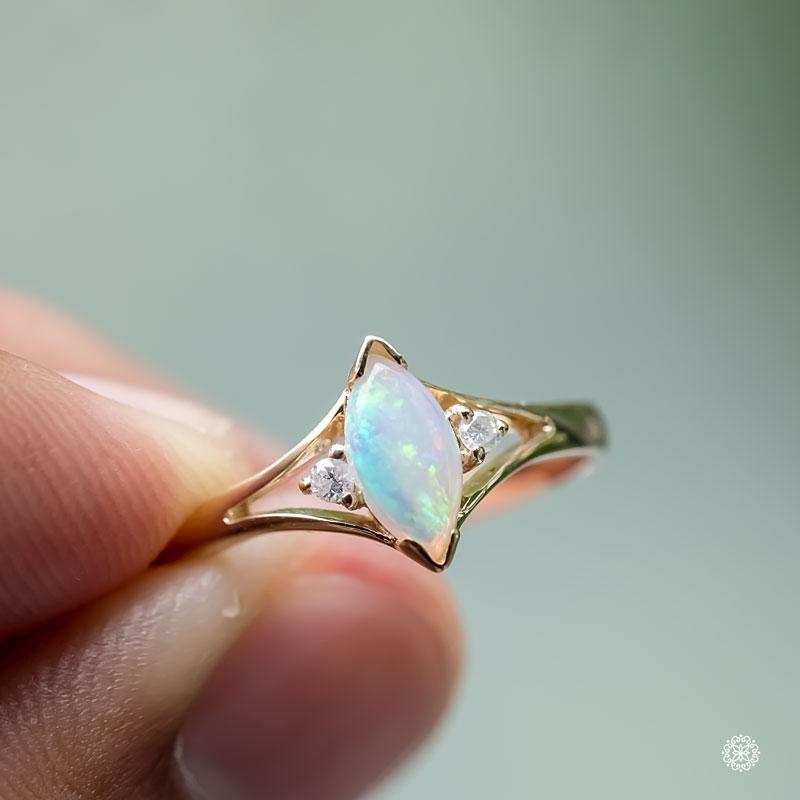 Artist Marquise Cut Australian Solid Opal & Diamond Ring 14K Yellow Gold For Sale