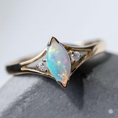 Marquise Cut Australian Solid Opal & Diamond Ring 14K Yellow Gold