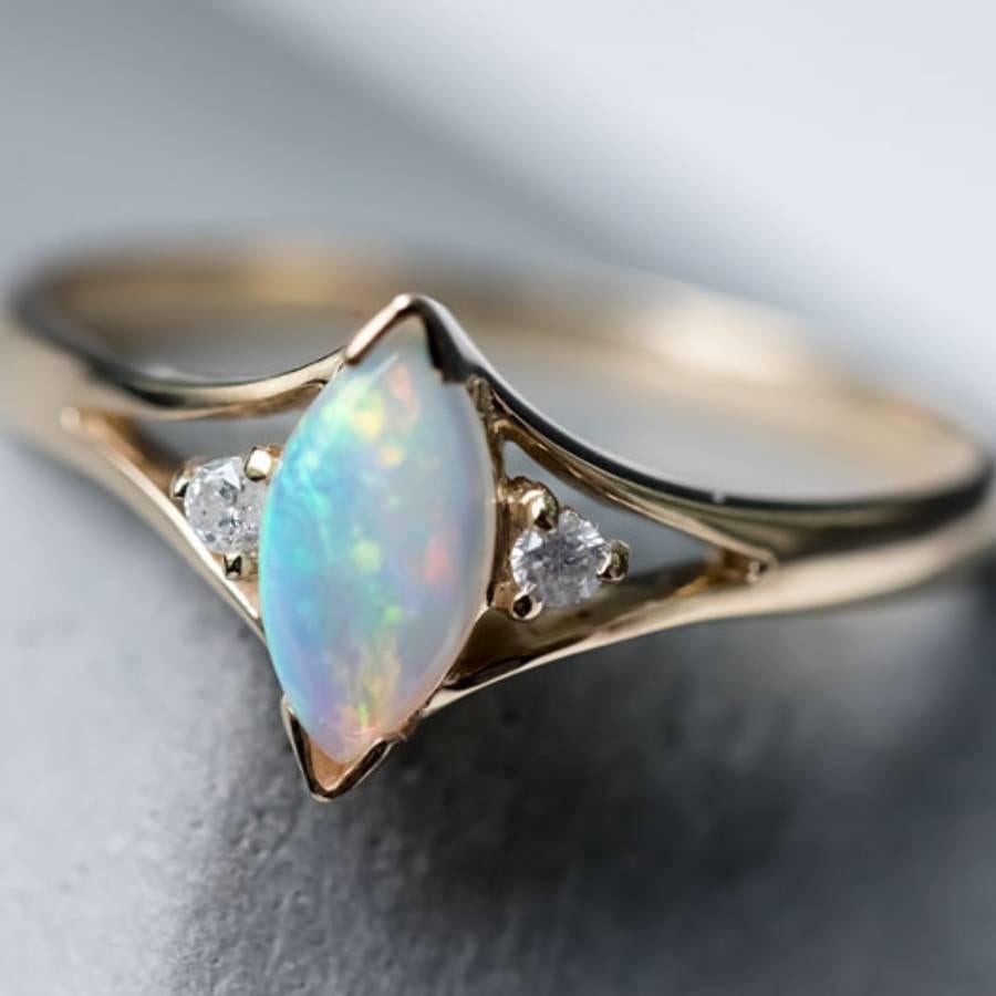 Marquise Cut Australian Solid Opal & Diamond Ring 14K Yellow Gold In New Condition For Sale In Suwanee, GA