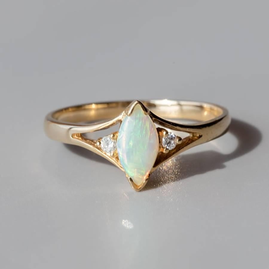 Women's or Men's Marquise Cut Australian Solid Opal & Diamond Ring 14K Yellow Gold For Sale