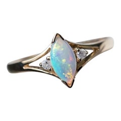 Marquise Cut Australian Solid Opal & Diamond Ring 14K Yellow Gold