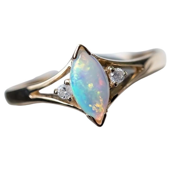 Marquise Cut Australian Solid Opal & Diamond Ring 14K Yellow Gold For Sale