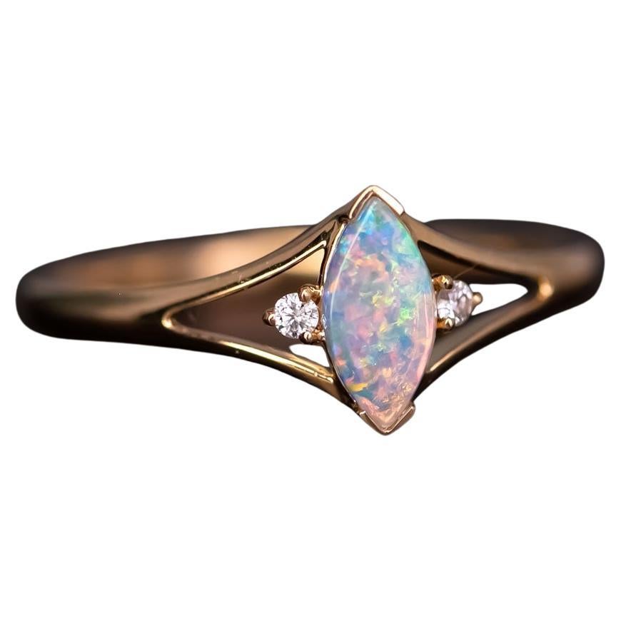 Marquise Cut Australian Solid Opal & Diamond Ring 18K Yellow Gold
