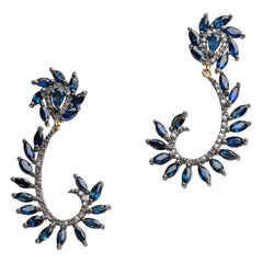 Marquise Cut Blue Sapphire and Diamond Dangle Earrings