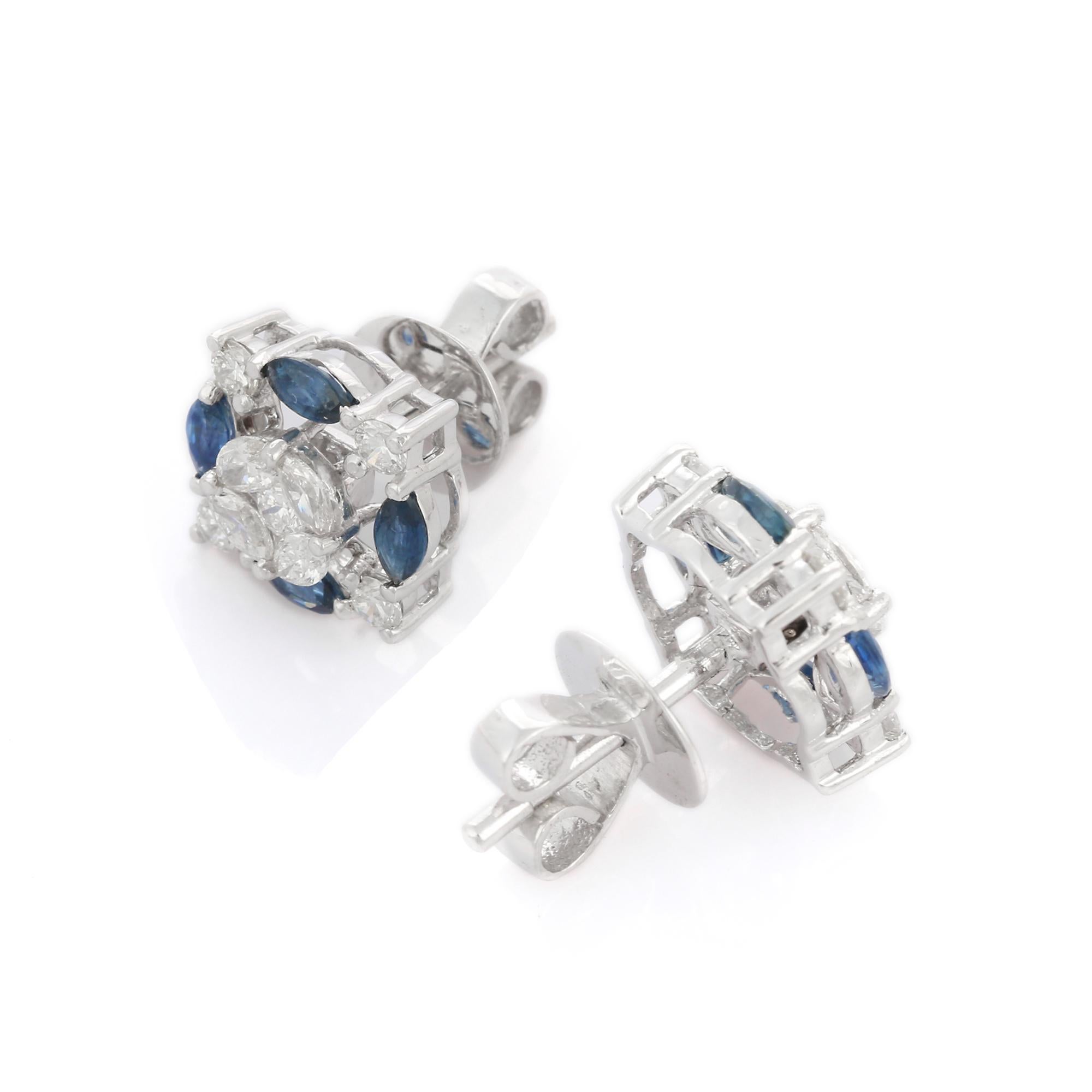 Modern Marquise Cut Blue Sapphire Diamond Stud Earrings in 18K White Gold For Sale