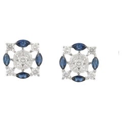 Marquise Cut Blue Sapphire Diamond Stud Earrings in 18K White Gold