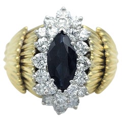 Marquise Cut Blue Sapphire & Diamond Tiered Textured Cocktail Ring 18 Karat Gold
