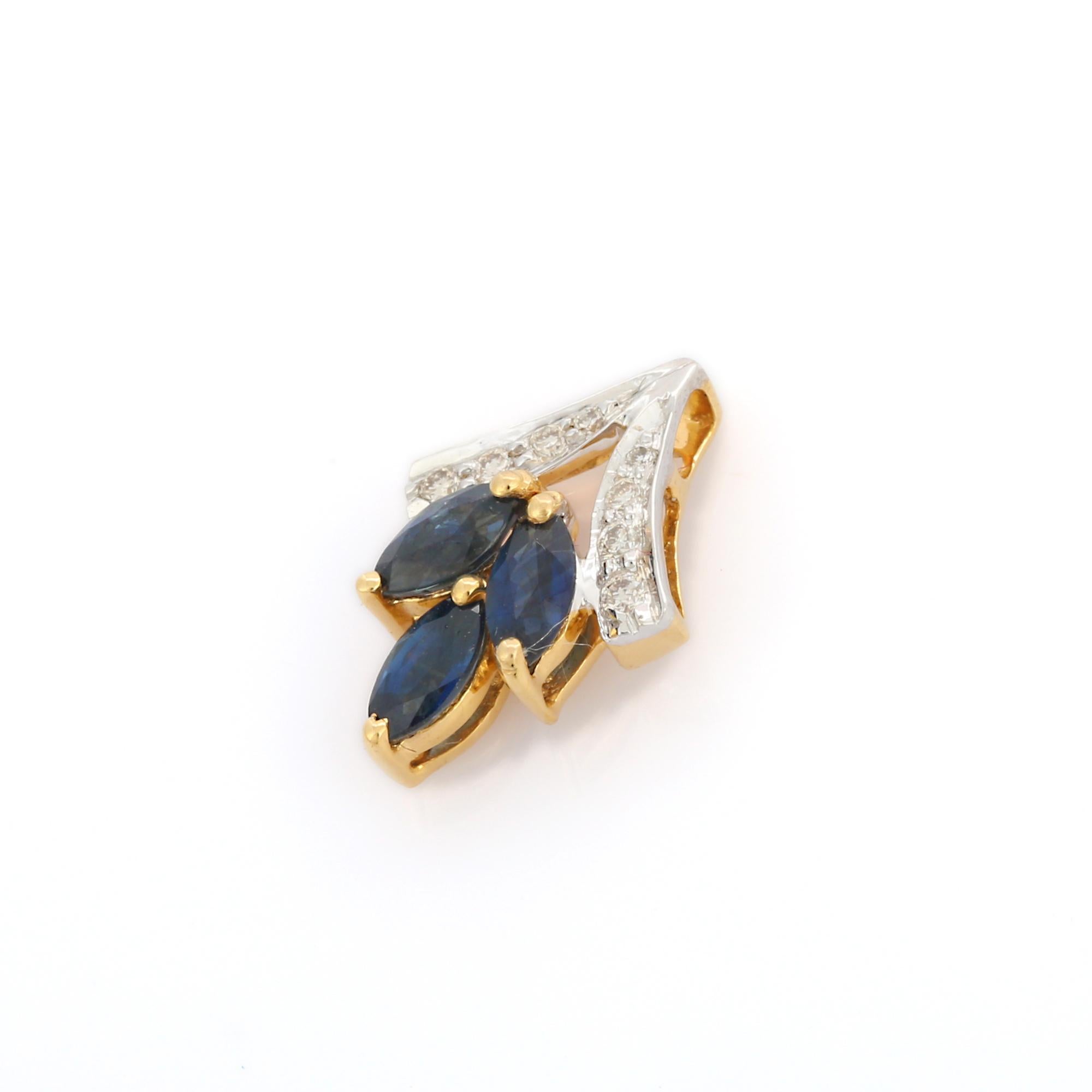 Natural Blue Sapphire pendant in 18K Gold. It has three marquise cut sapphire studded with diamonds that completes your look with a decent touch. Pendants are used to wear or gifted to represent love and promises. It's an attractive jewelry piece