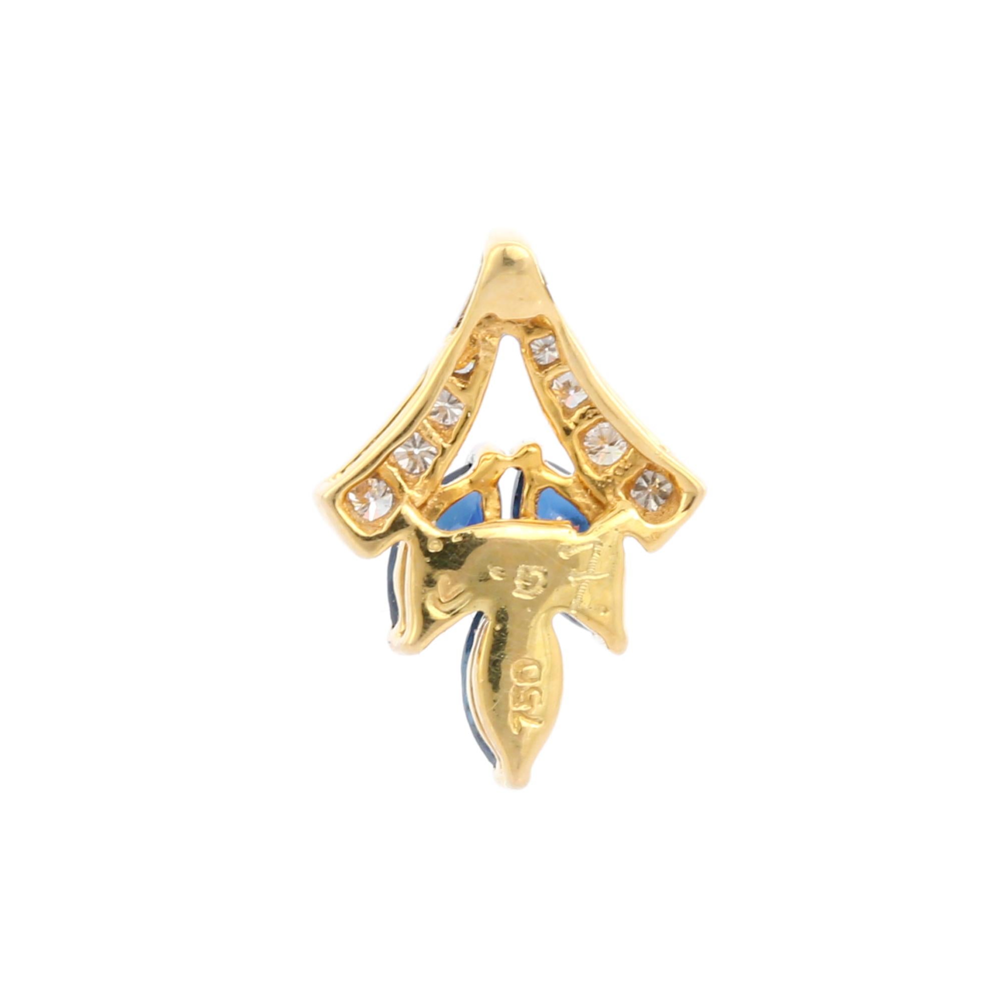 Marquise Cut Blue Sapphire Three Stone Pendant in 18K Gold with Diamonds In New Condition For Sale In Houston, TX