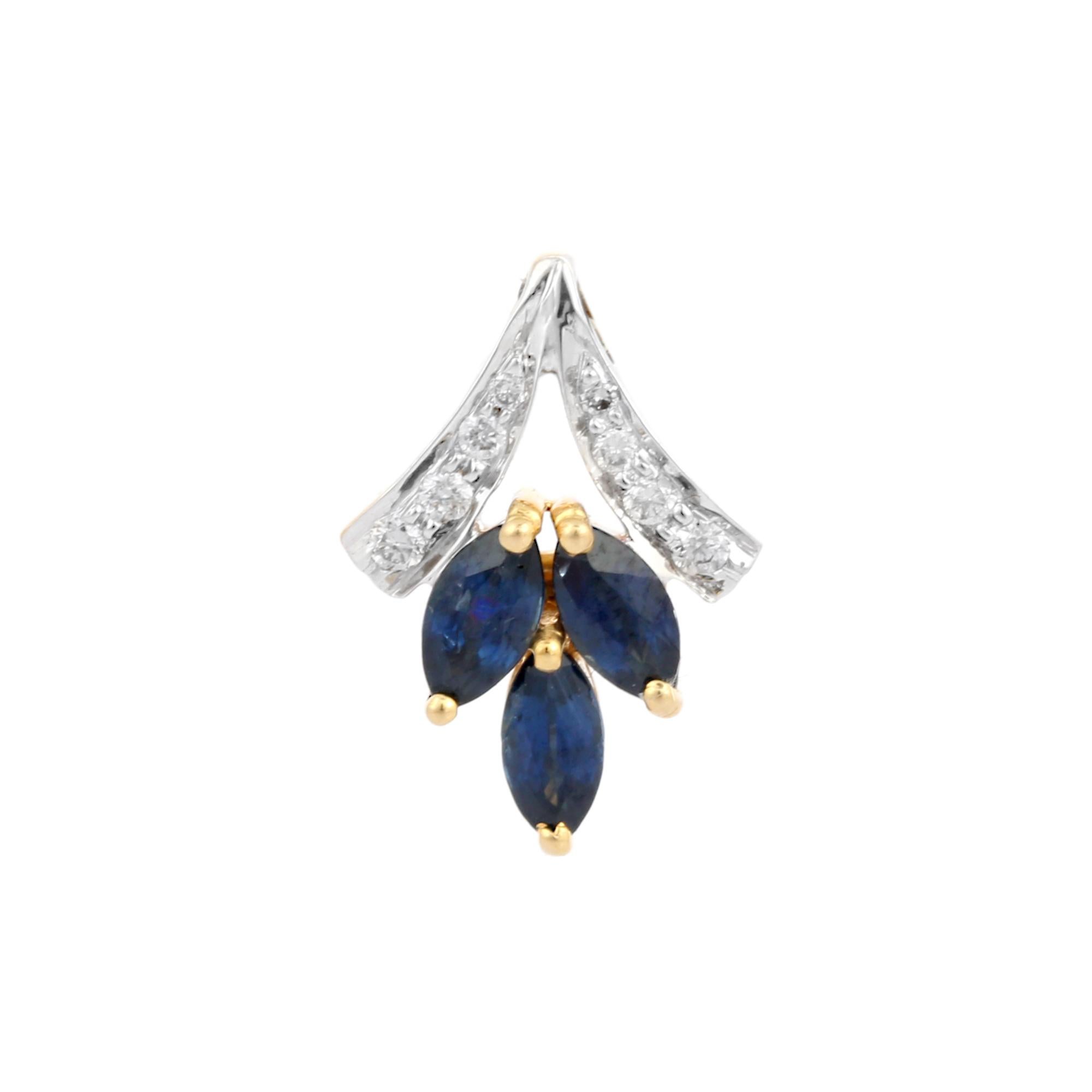Blauer Saphir-Dreistein-Anhänger im Marquise-Schliff aus 18 Karat Gold mit Diamanten