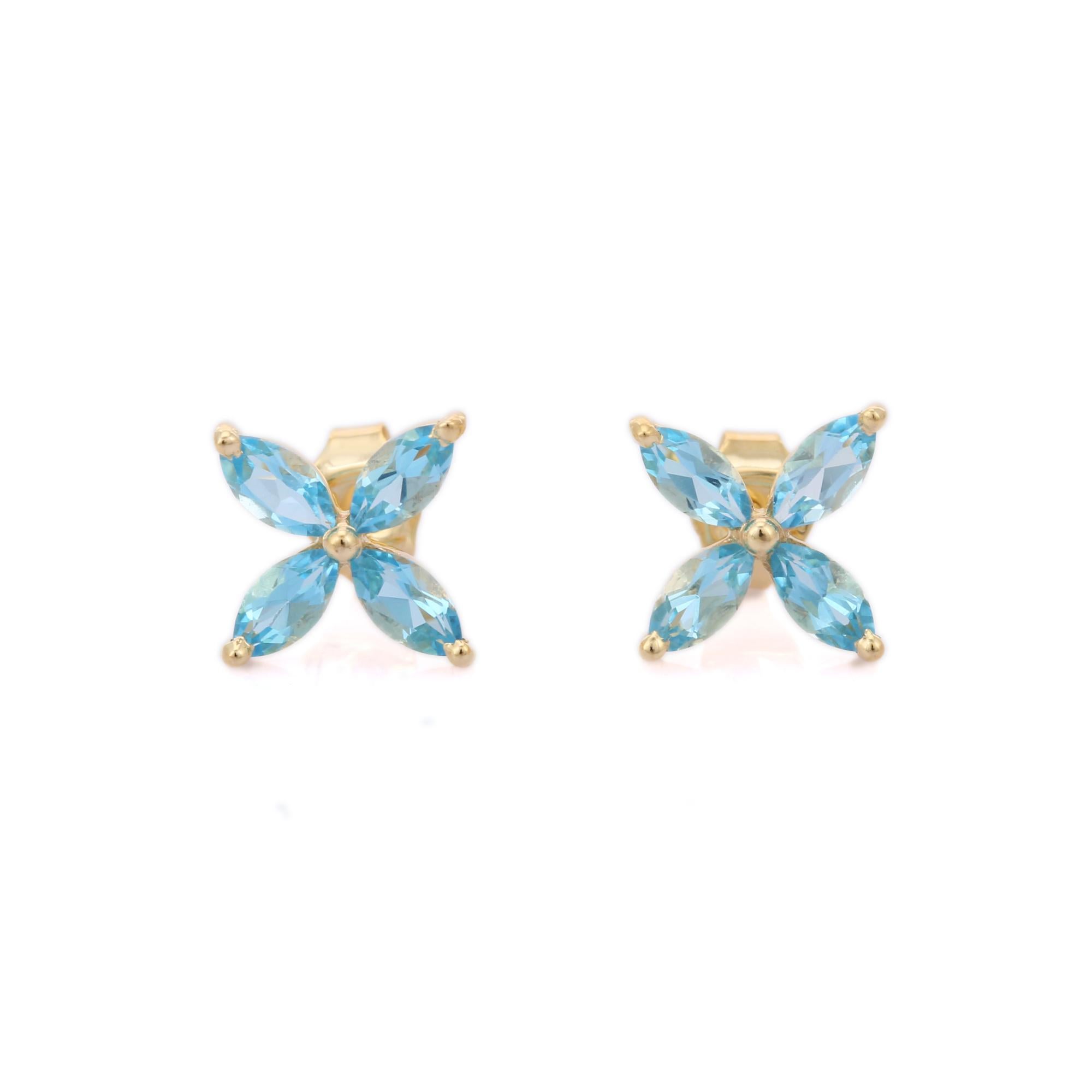 Marquise-Cut Blue Topaz Blume Ohrstecker Set in 14k massivem Gelbgold im Zustand „Neu“ in New York, NY