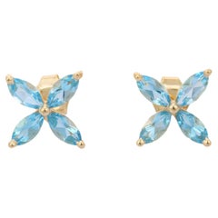 Marquise-Cut Blue Topaz Blume Ohrstecker Set in 14k massivem Gelbgold