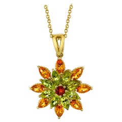 Marquise Cut Citrine, Peridot and Garnet, 18 Karat Yellow Gold Flower Pendant