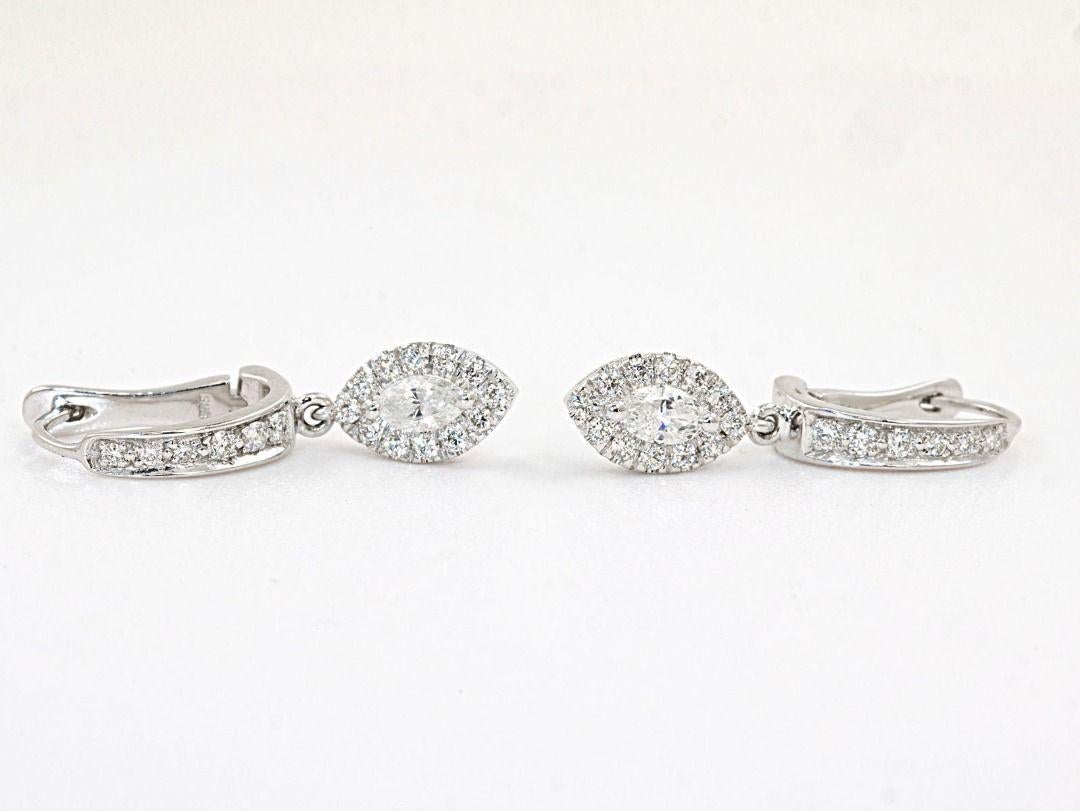 Marquise Cut Classic Diamond Halo Dangle Earrings in 14k White Gold For Sale 2