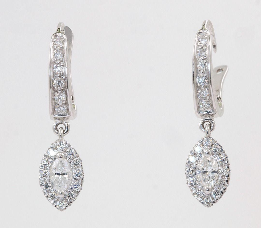 Marquise Cut Classic Diamond Halo Dangle Earrings in 14k White Gold For Sale 4