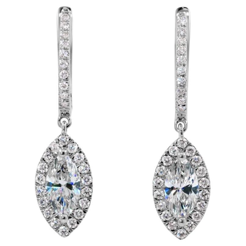 Marquise Cut Classic Diamond Halo Dangle Earrings in 14k White Gold For Sale