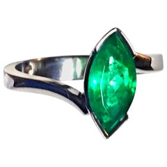 Marquise Cut Colombian Emerald Solitaire Engagement Ring 18 Karat