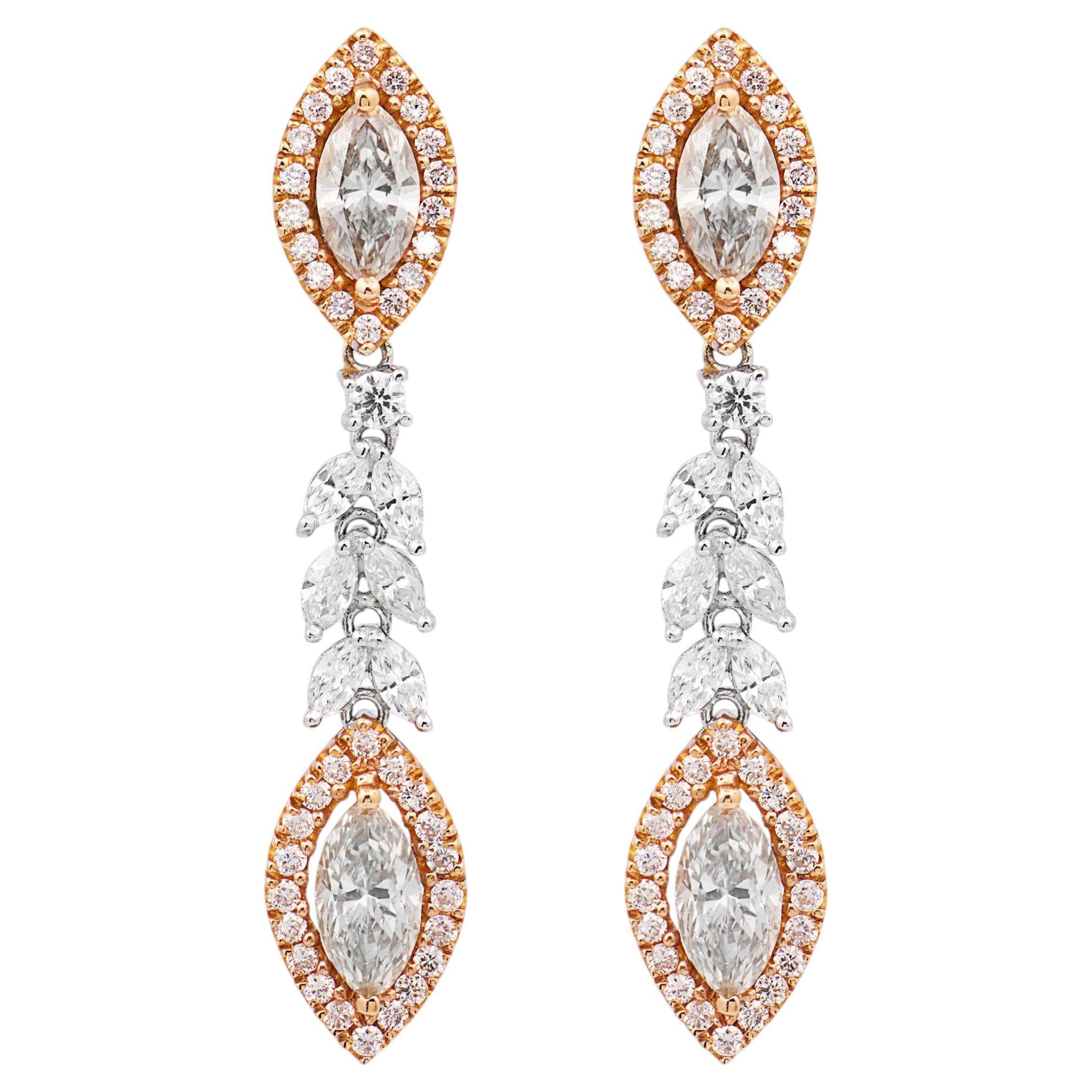 Marquise cut diamond 18k two tone gold drop earrings For Sale