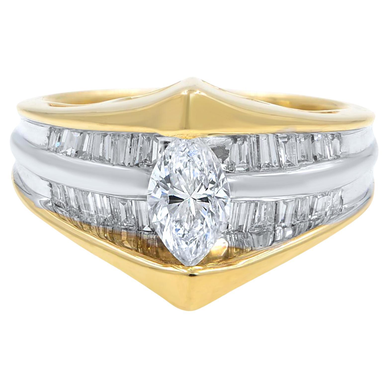 Marquise Cut Diamond Accented Ladies Engagement Ring 14K Yellow Gold 0.82cttw For Sale
