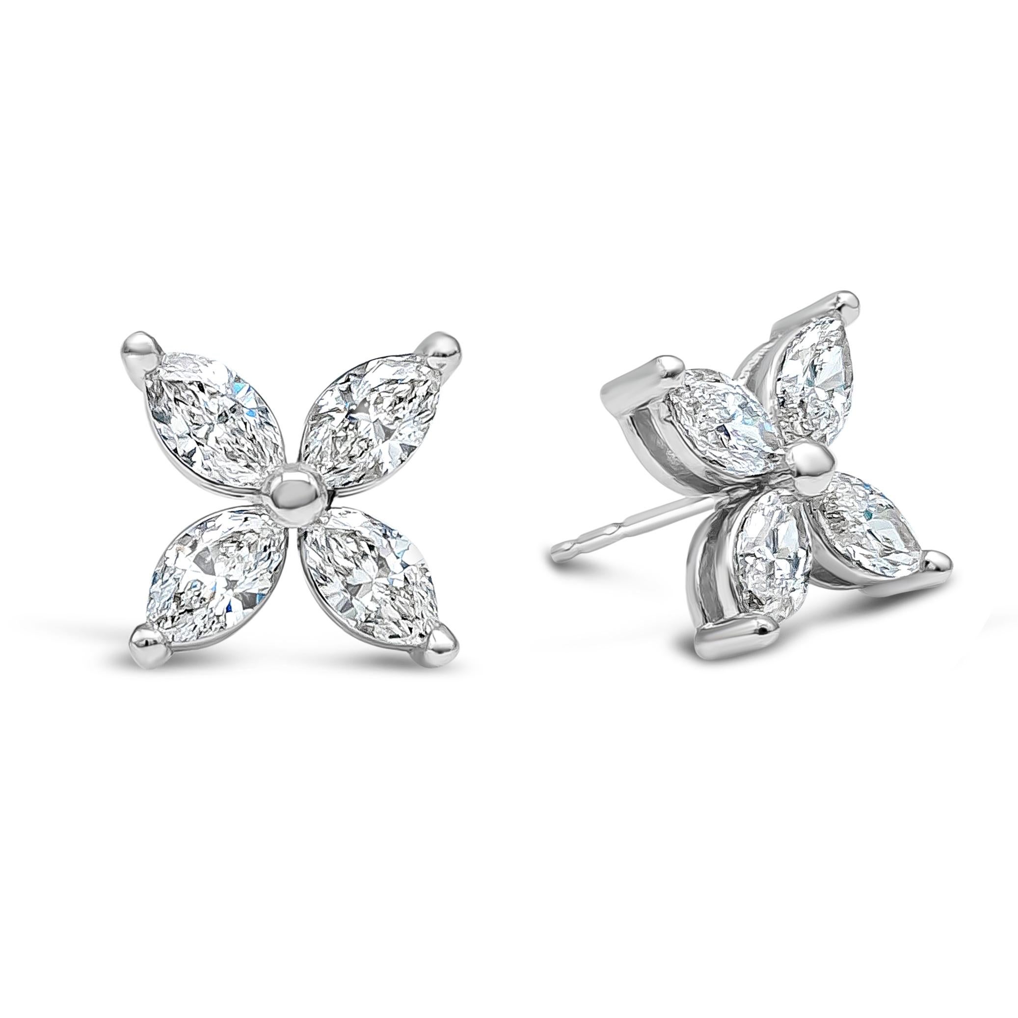 A simple and unique studs earrings feature 1.98 carat total, made with 8 pieces of marquise cut diamonds, E-F Color, VS-SI1 in Clarity. Beautifully set in a clover leaf-like aspect and made with 18K White Gold.

Style available in different price