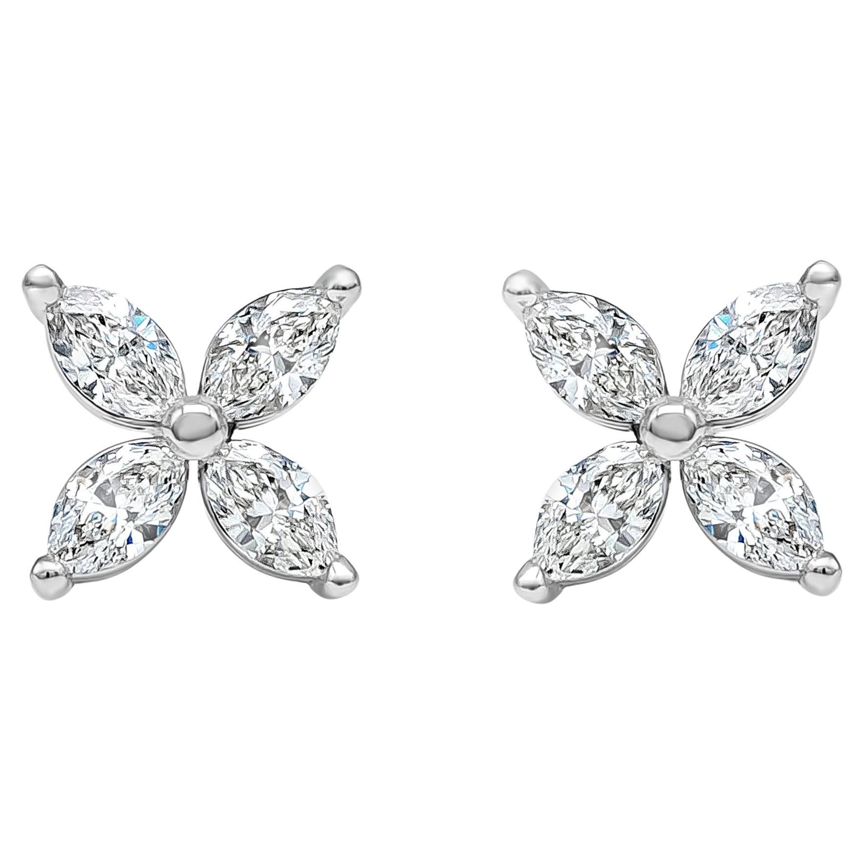 Marquise Cut Diamond Cluster Stud Earrings, 1.98 Carat Total For Sale