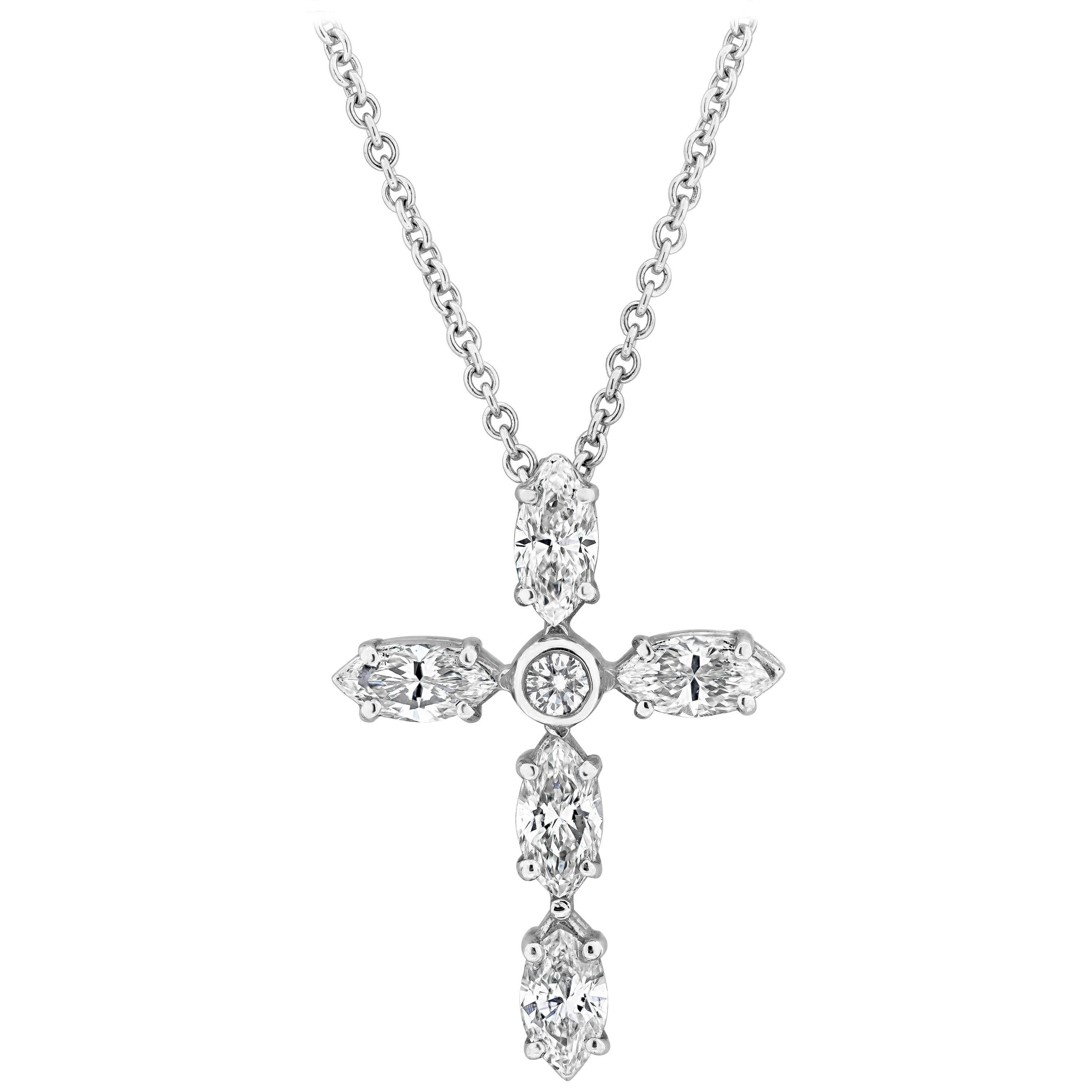 Roman Malakov 1.77 Carats Total Marquise Cut Diamond Cross Pendant Necklace For Sale