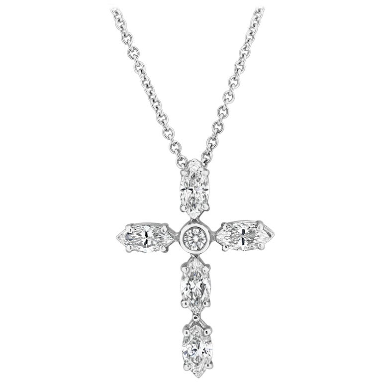 Marquise Cut Diamond Cross Pendant Necklace For Sale at 1stdibs