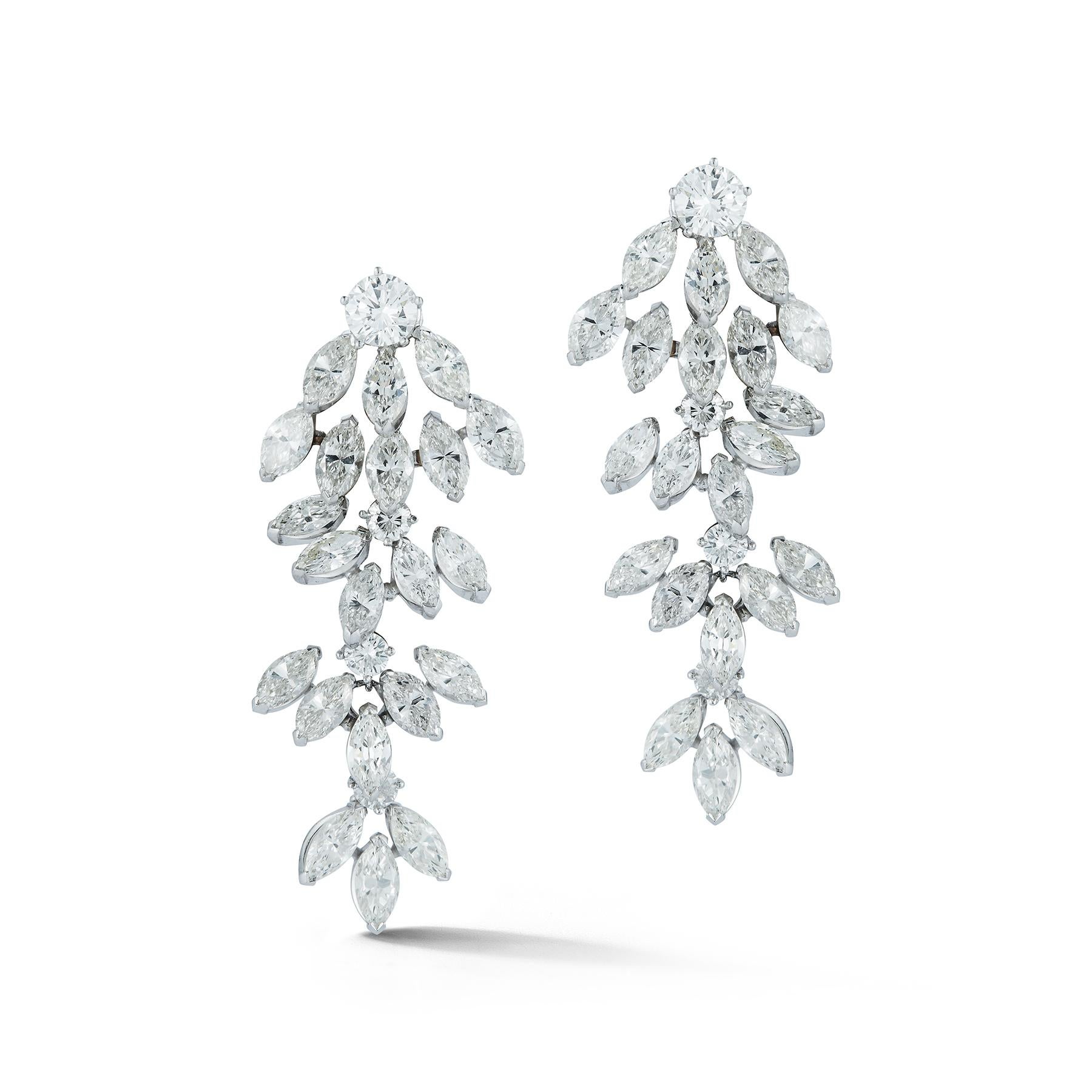 Marquise Cut Diamond Dangle Earrings 

Total diamond weight: approximately 18.54 cts

2 round cut diamonds on top, approximately 1.61 cts 
6 round cut diamonds approximately 1.18 cts 
42 marquise cut diamonds approximately 15.75 cts 

Measurements: