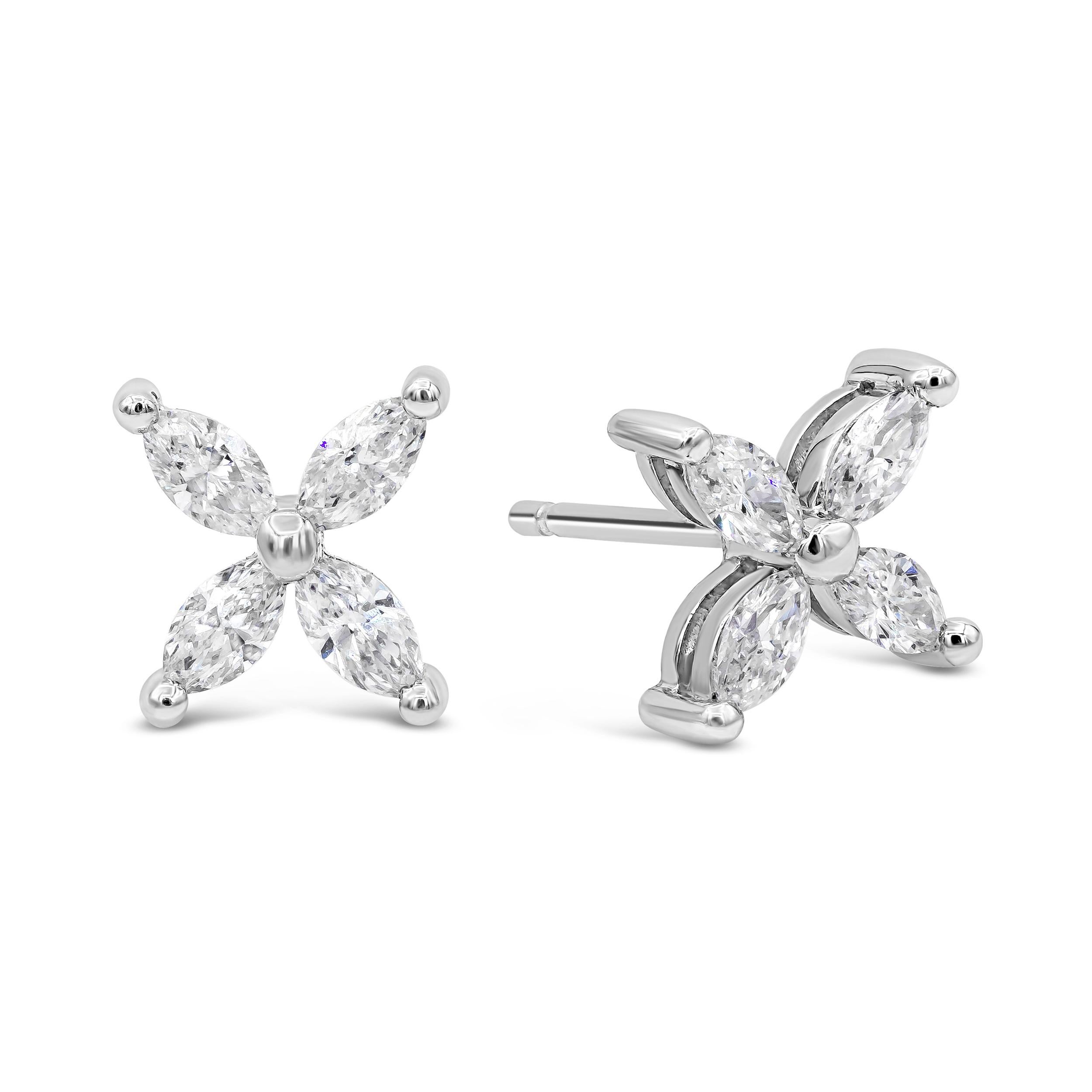 A chic pair of stud earrings each showcasing four marquise cut diamonds, set in a floral motif. Diamonds weigh 0.83 carats total. Made in 18 karat white gold.

Style available in different price ranges. Prices are based on your selection of the 4C’s