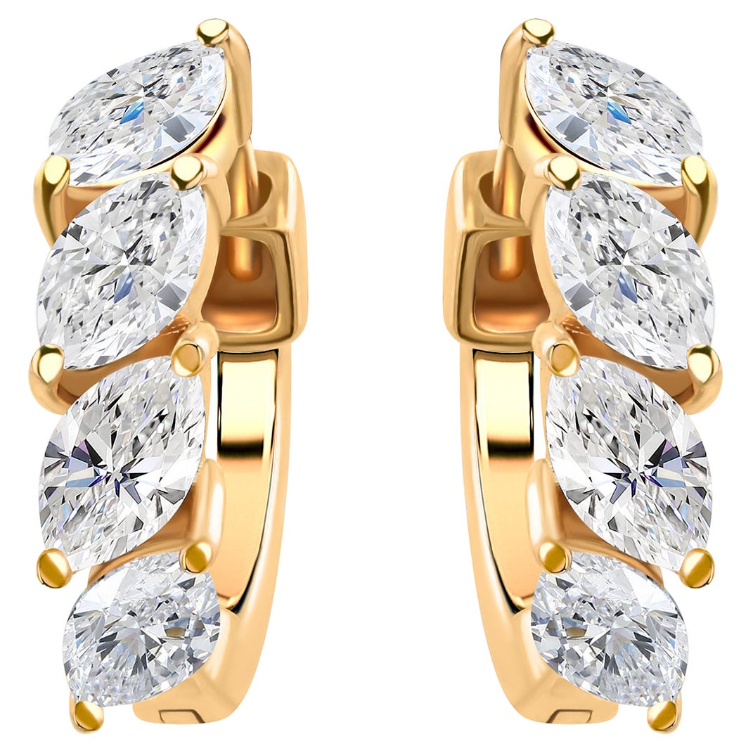 Marquise Cut Diamond Huggie Hoop Earrings 18k Yellow Gold