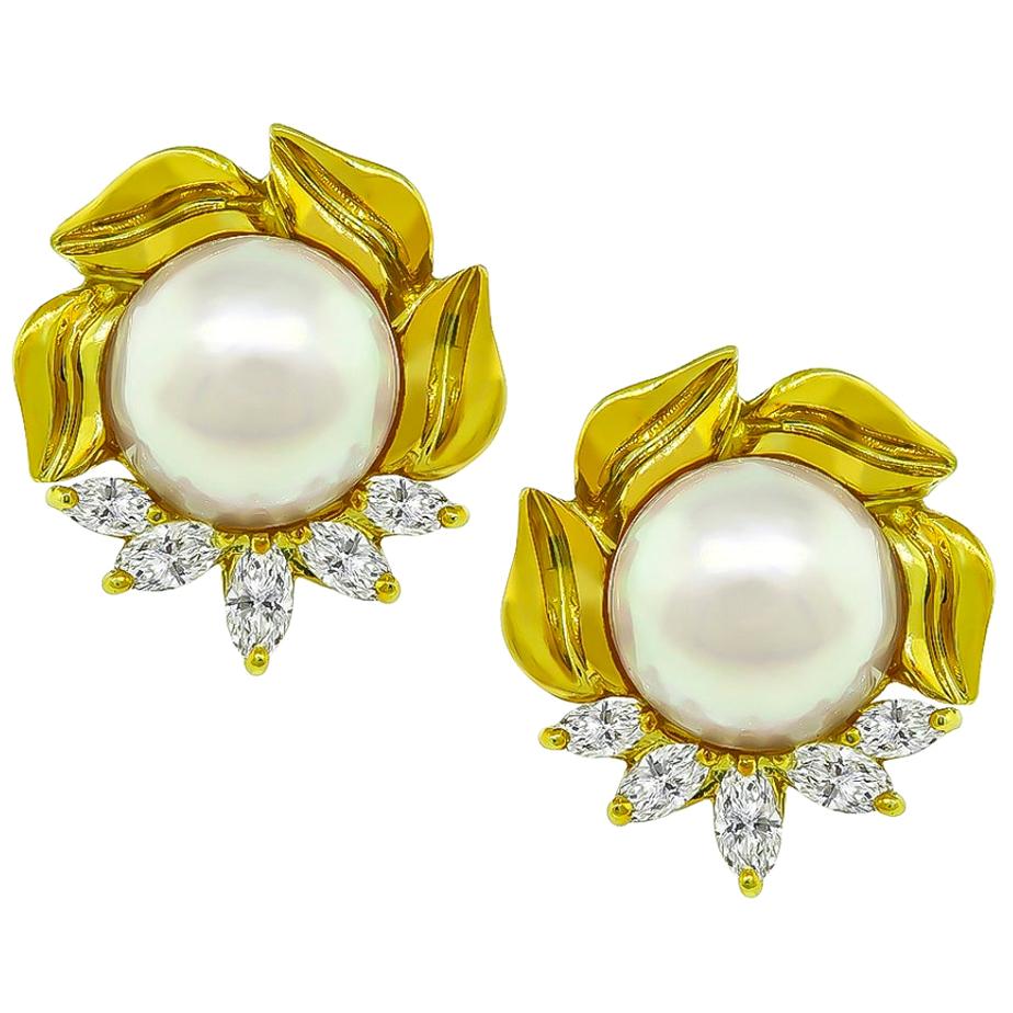 Marquise Cut Diamond Pearl 18 Karat Yellow Gold Earrings For Sale
