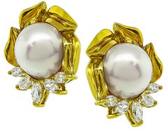 Marquise Cut Diamond Pearl 18 Karat Yellow Gold Earrings