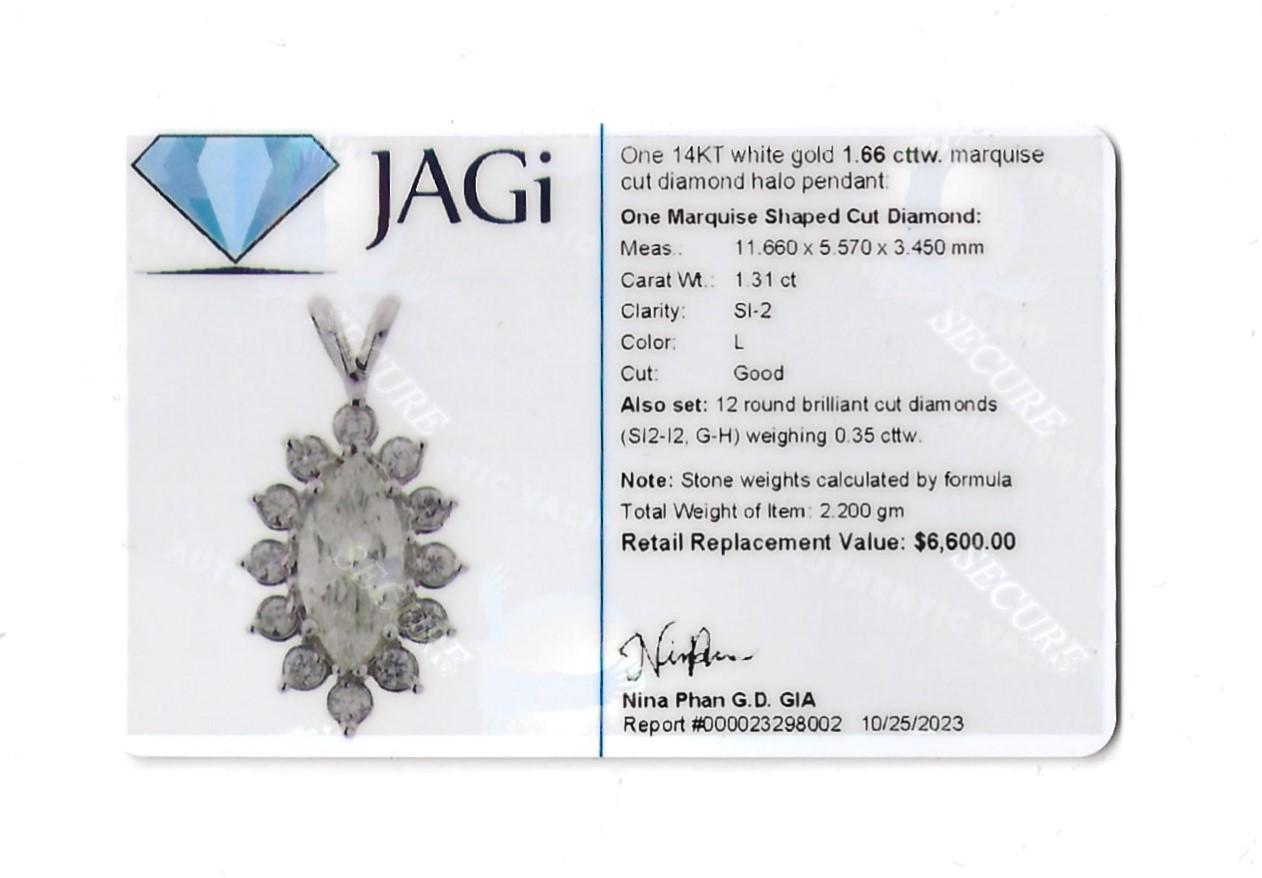 Marquise Cut Diamond Pendant with Halo Set in Polished 14 Karat White Gold For Sale 2