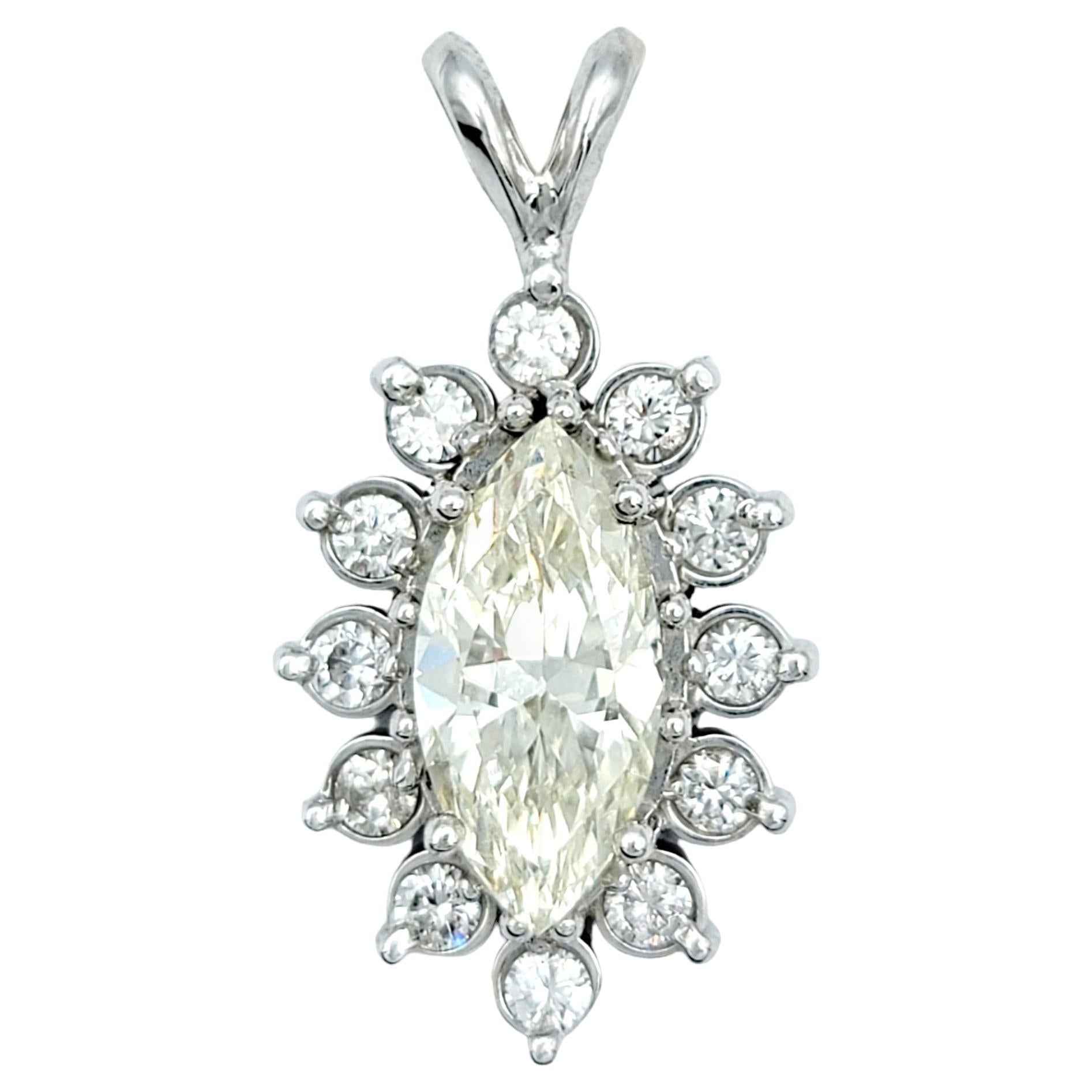 Marquise Cut Diamond Pendant with Halo Set in Polished 14 Karat White Gold For Sale