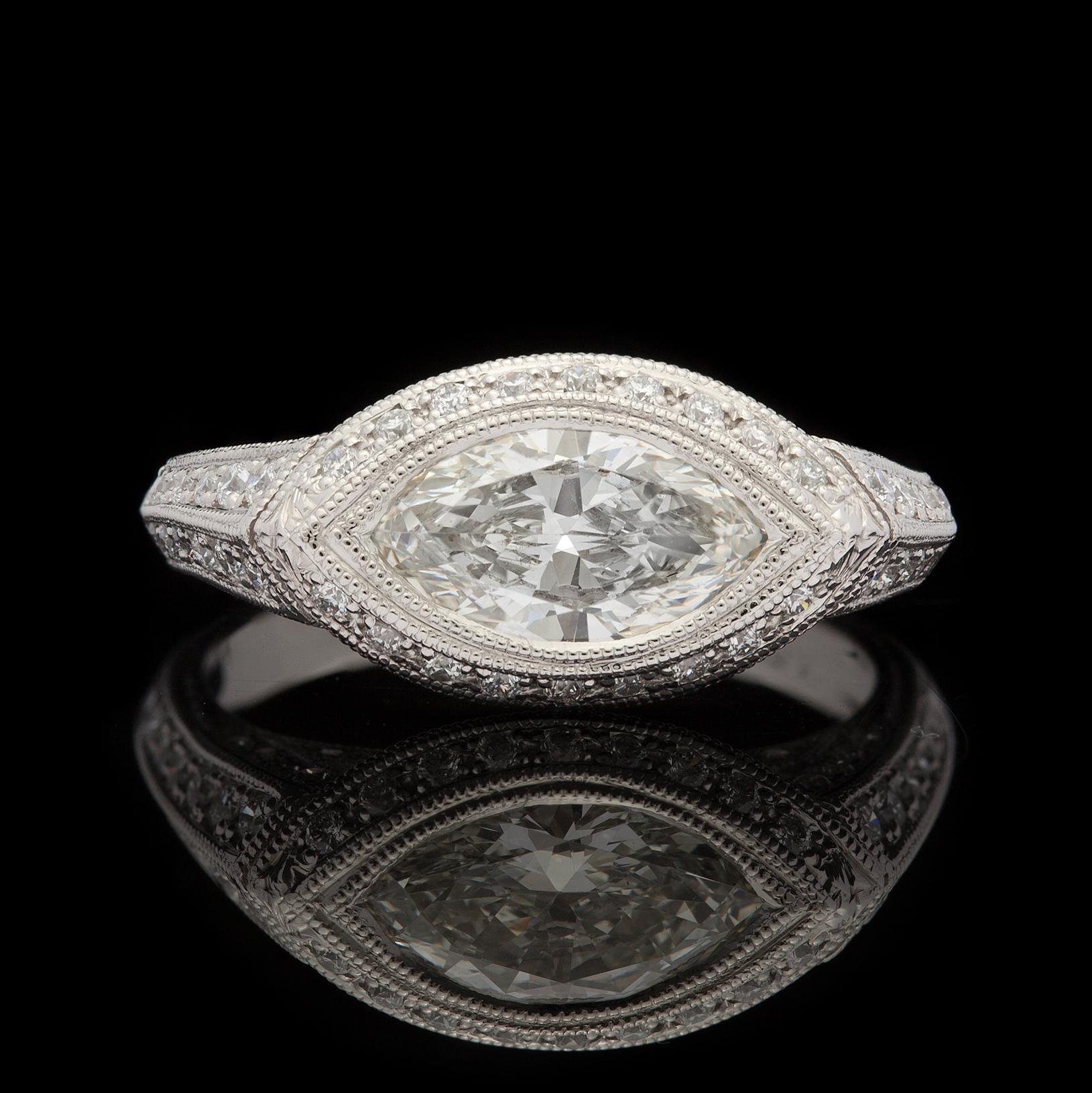 Marquise-Cut Diamond Platinum Pave Set Engagement Ring In Excellent Condition In San Francisco, CA