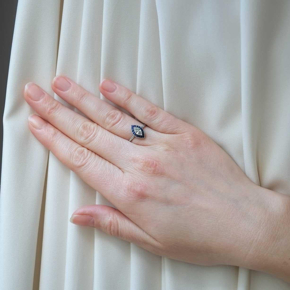 Marquise Cut Diamond Ring with Calibrated Sapphires Platinum 1