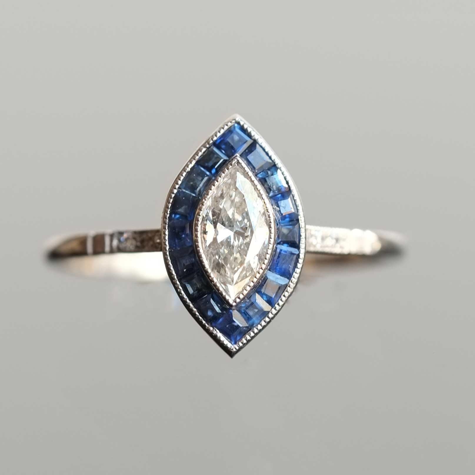 Marquise Cut Diamond Ring with Calibrated Sapphires Platinum 2