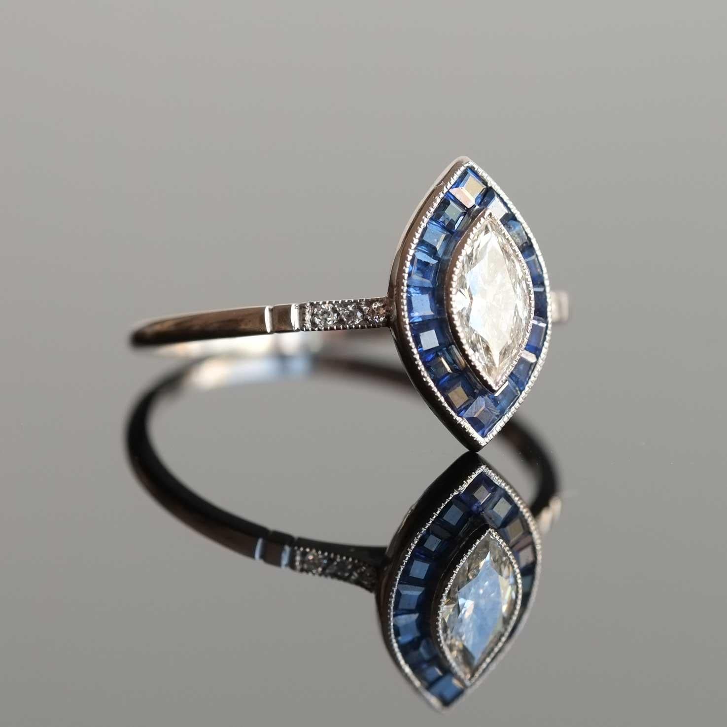 Marquise Cut Diamond Ring with Calibrated Sapphires Platinum 3
