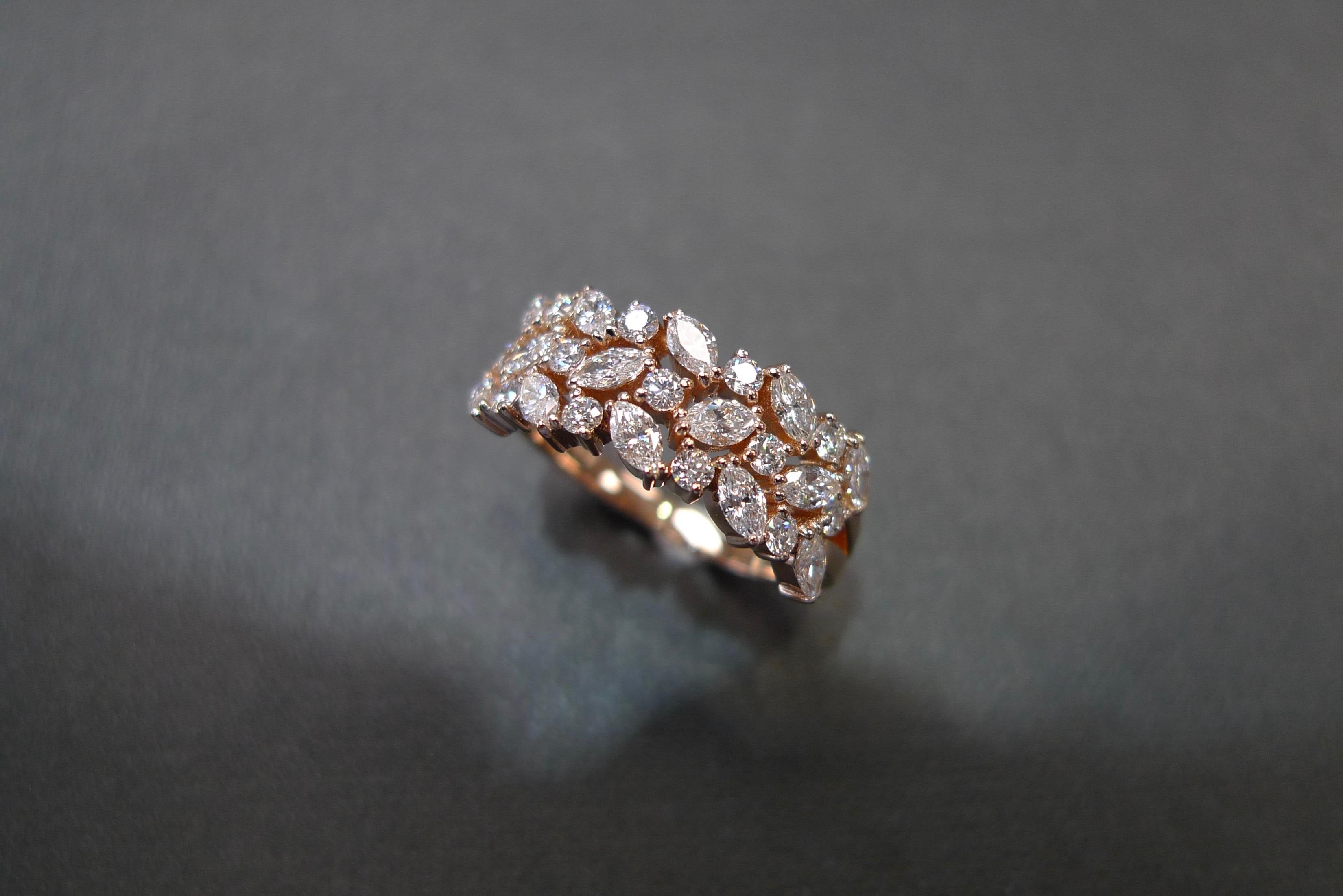 For Sale:  Marquise Cut Diamond & Round Brilliant Diamond Three Rows Unique Wedding Ring 11