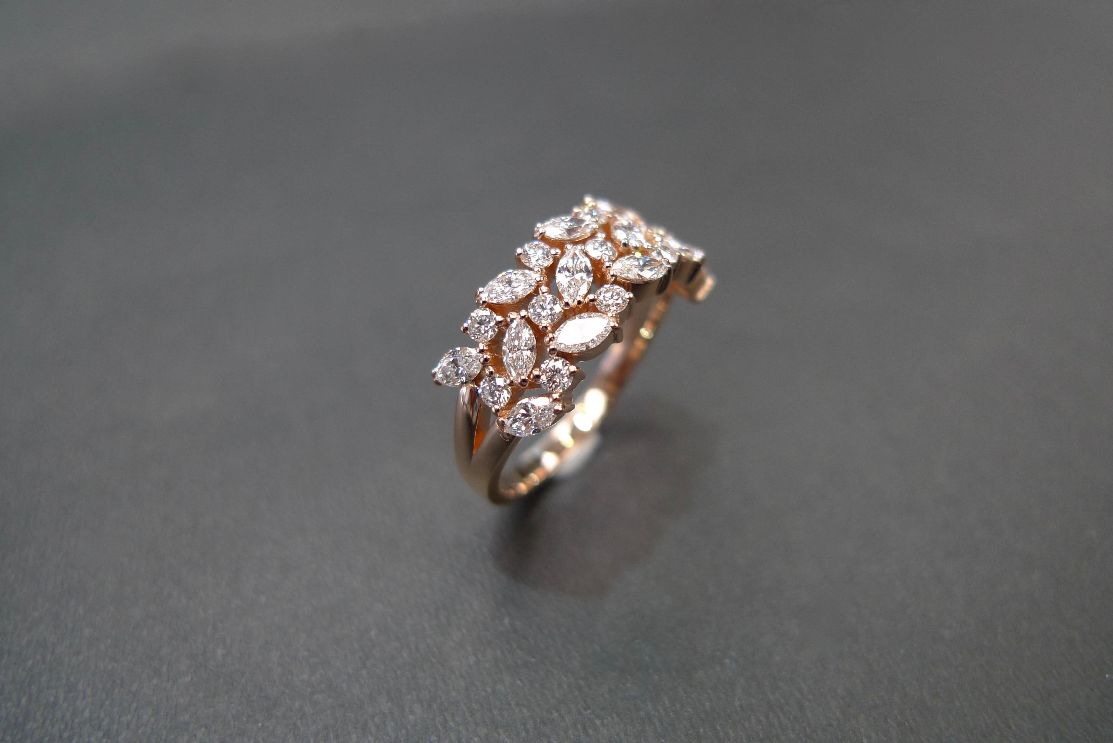 For Sale:  Marquise Cut Diamond & Round Brilliant Diamond Three Rows Unique Wedding Ring 14