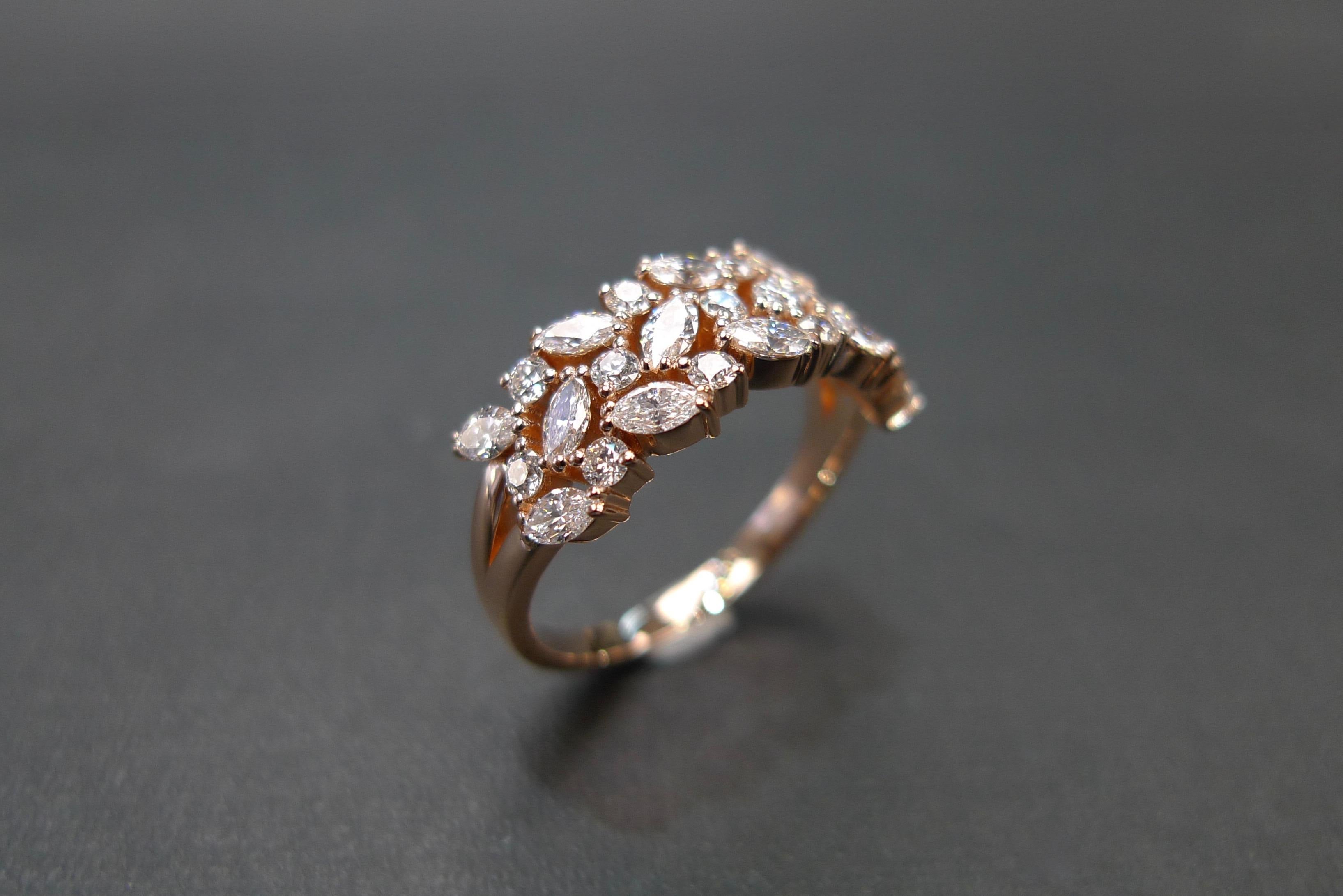 For Sale:  Marquise Cut Diamond & Round Brilliant Diamond Three Rows Unique Wedding Ring 2