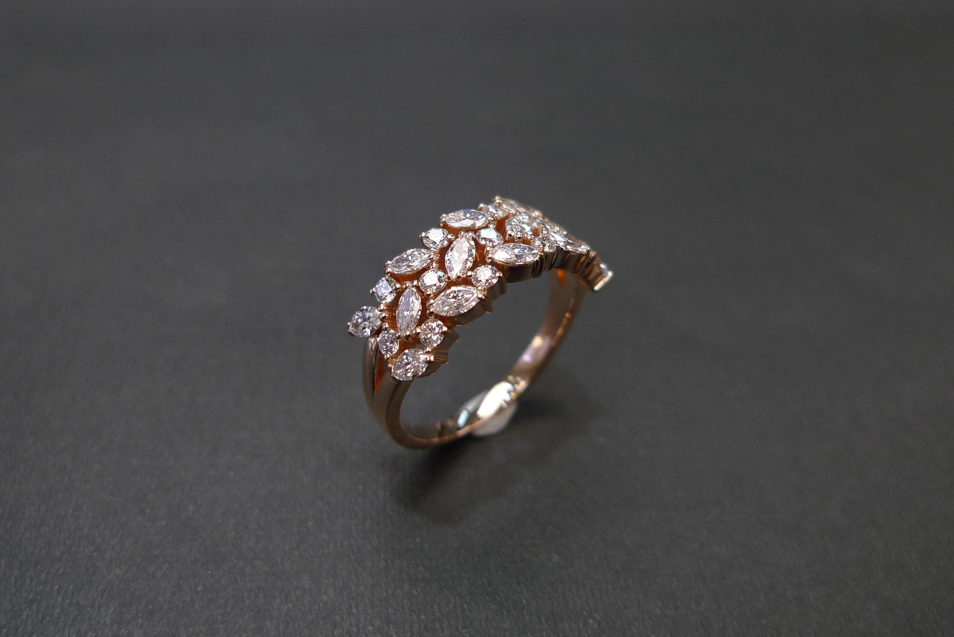 For Sale:  Marquise Cut Diamond & Round Brilliant Diamond Three Rows Unique Wedding Ring 6