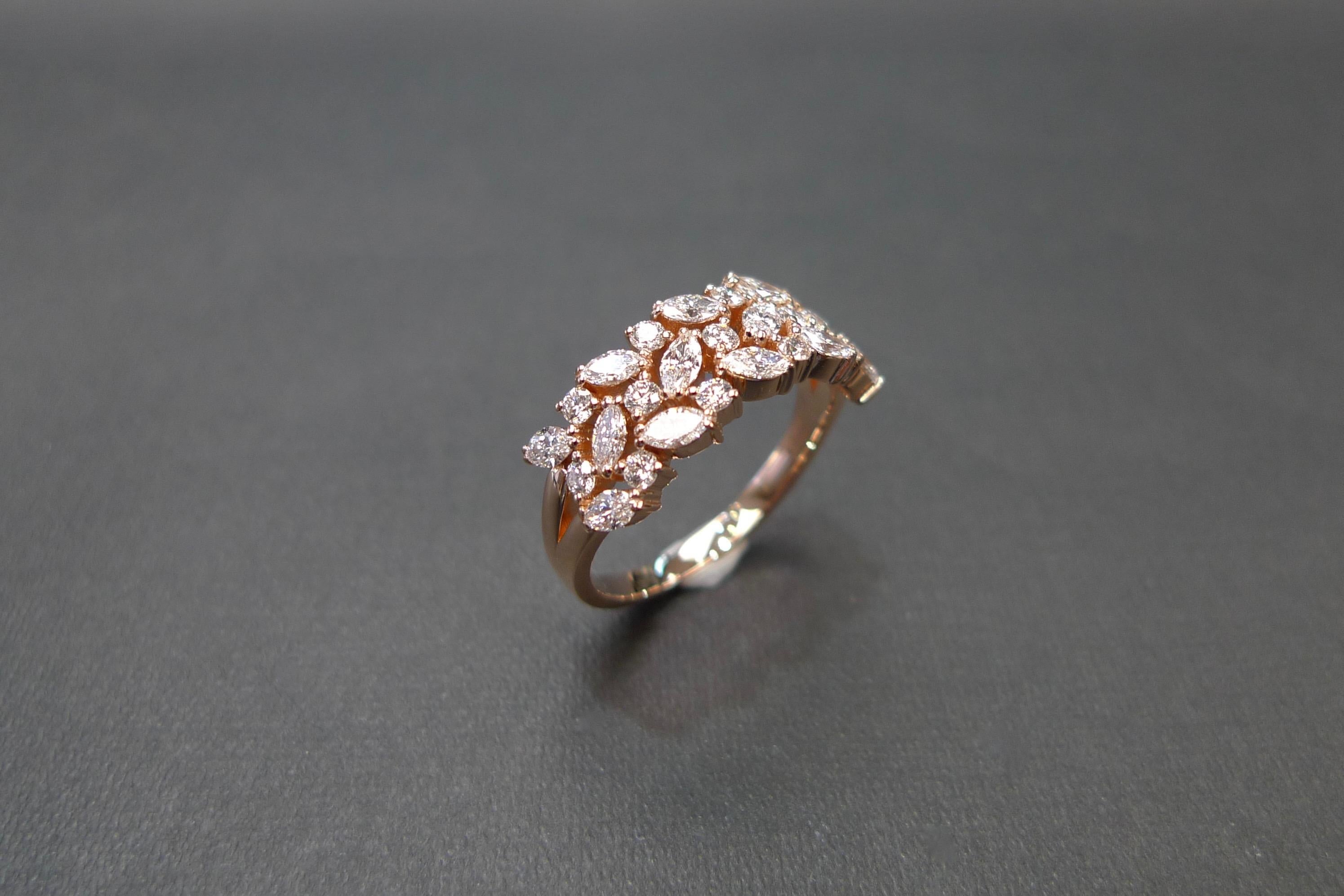 For Sale:  Marquise Cut Diamond & Round Brilliant Diamond Three Rows Unique Wedding Ring 7