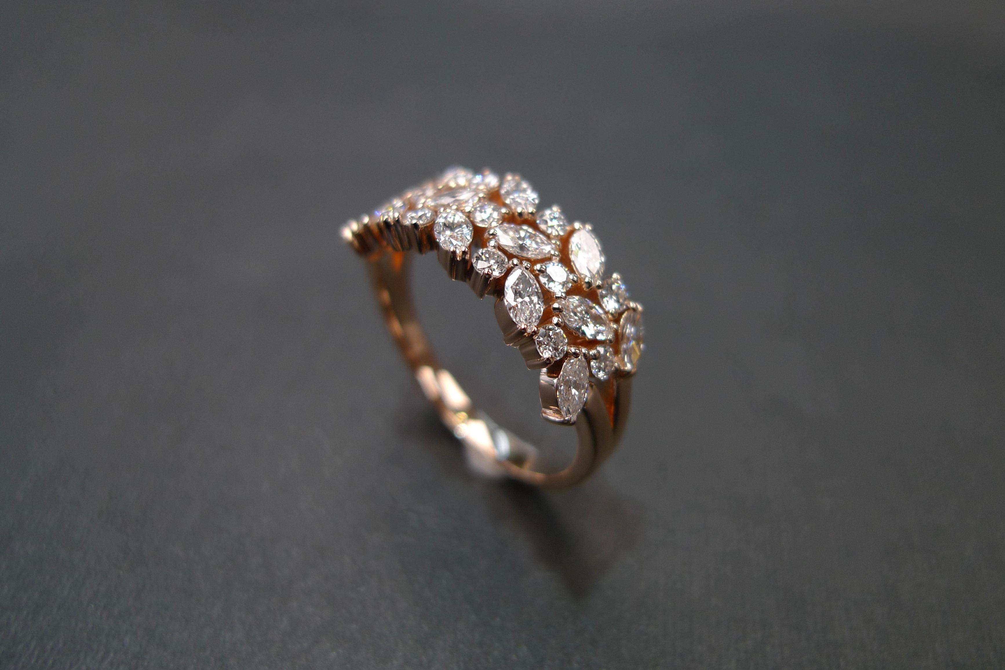 For Sale:  Marquise Cut Diamond & Round Brilliant Diamond Three Rows Unique Wedding Ring 8