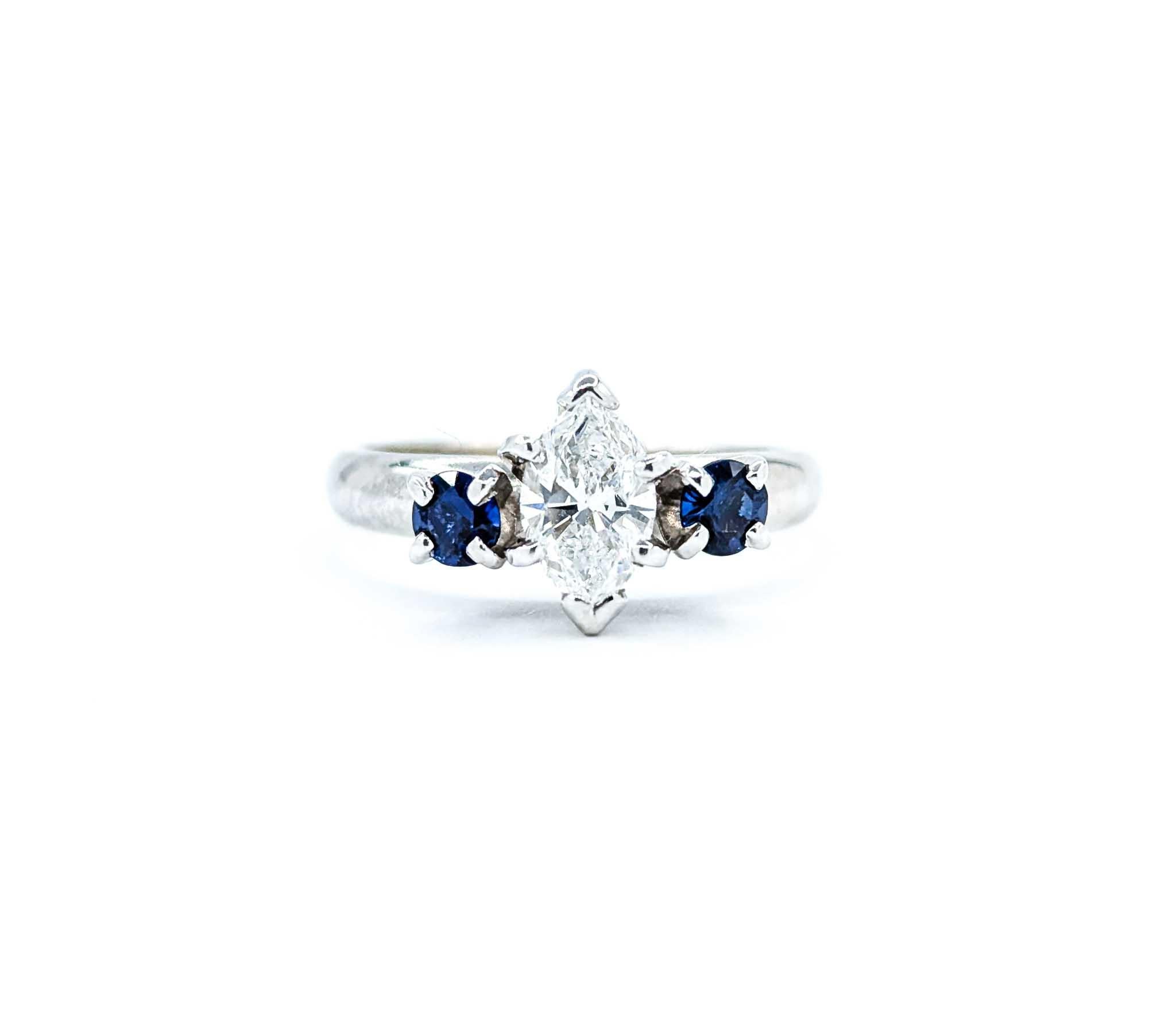 Marquise Cut Diamond & Sapphire Three-Stone Engagement Ring For Sale 6